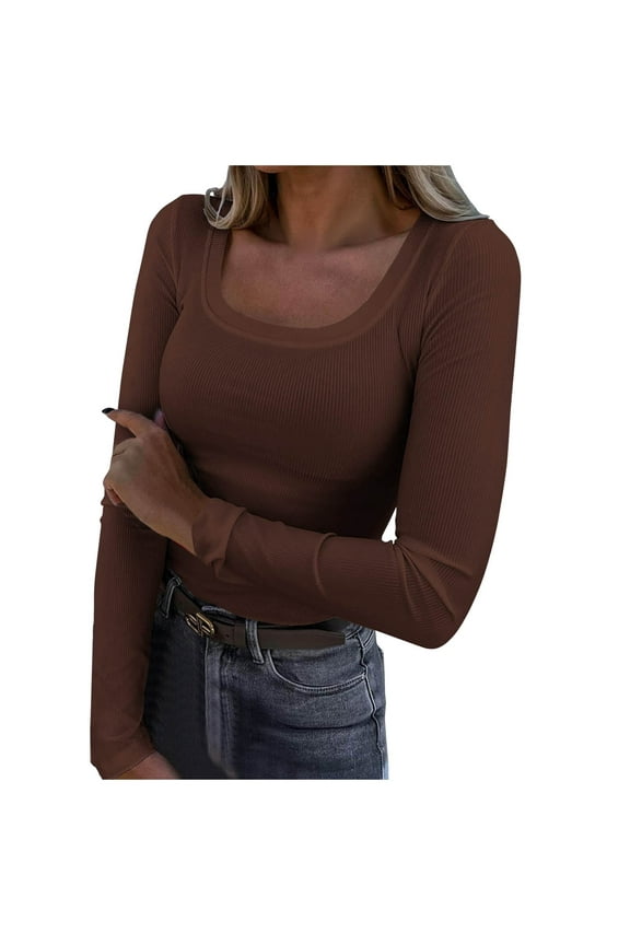 Womens Long Sleeve Stretch Crewneck Ribbed T-Shirt Slim Fit Casual Basic Tops(Brown,3XL)