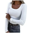 thumbnail image 1 of Povozer Basic Tops for Woman Long Sleeve Stretch Crewneck Ribbed T-Shirt(White,L), 1 of 5