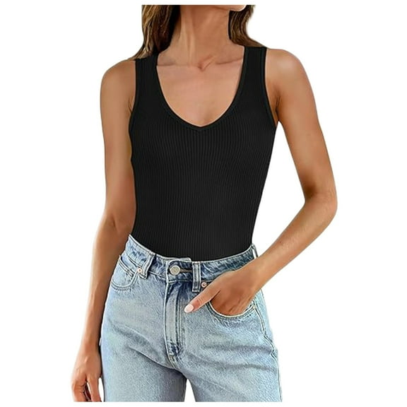 Povozer Womens Ribbed Tank Tops Square Neck Summer Sleeveless Slim Fitted Color Block Basic Knit Tee Shirts(Black,M)