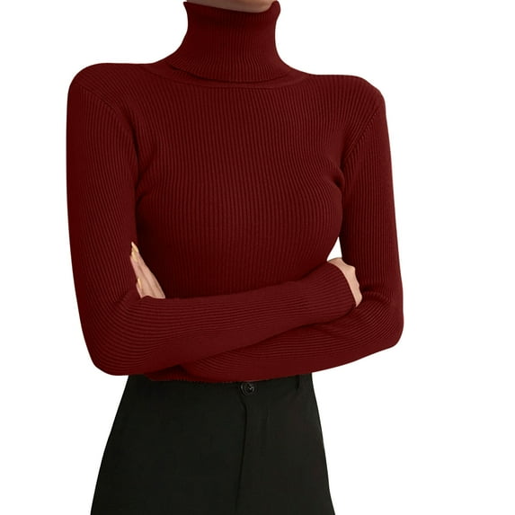 Povozer Womens Stretch Ribbed Rib-knit Neckline and Long Sleeve Turtle Neck Wear To Work Sweater(RD1,One Size)