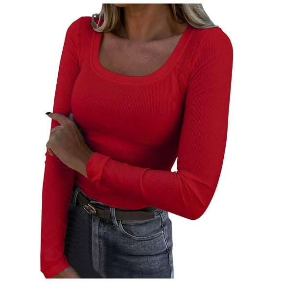 Povozer Womens Tops T Shirt Crew Neck Ribbed Casual Fitted Tee Tops for Women(Red,XL)
