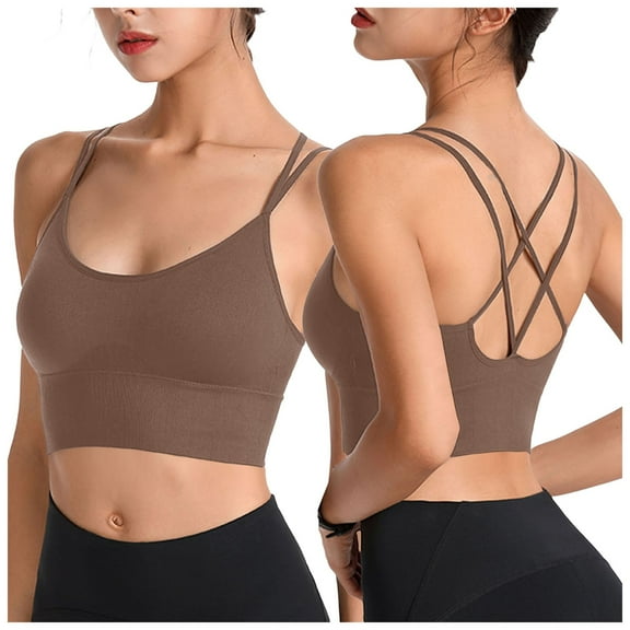 Povozer Womens Y Back Sports Bras Spaghetti Straps Racerback Padded Yoga Bra(Brown,L)
