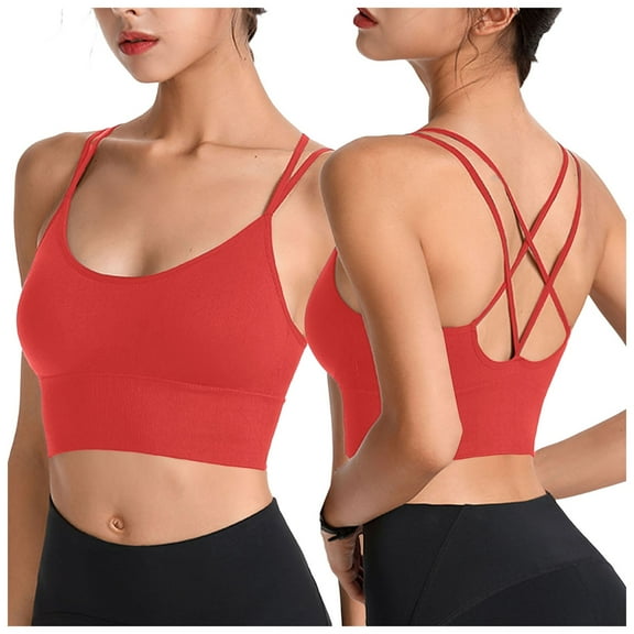 Povozer Womens Y Back Sports Bras Spaghetti Straps Racerback Padded Yoga Bra(Watermelon Red,L)