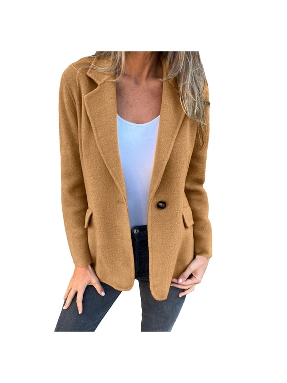 Wool Blazer for Women Casual Fall Winter Notched Collar Fitted Suit Jacket Coat(Khaki,S)