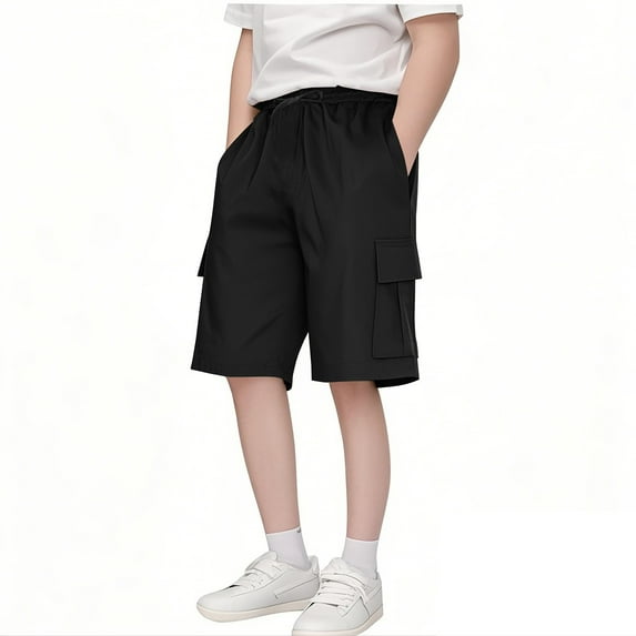 Povozer Youth Boys Hiking Cargo Shorts Boys' Pull-on Cargo Shorts Drawstring Closure Lightweight Athletic Running Workout Shorts for 13-14 Years,Black
