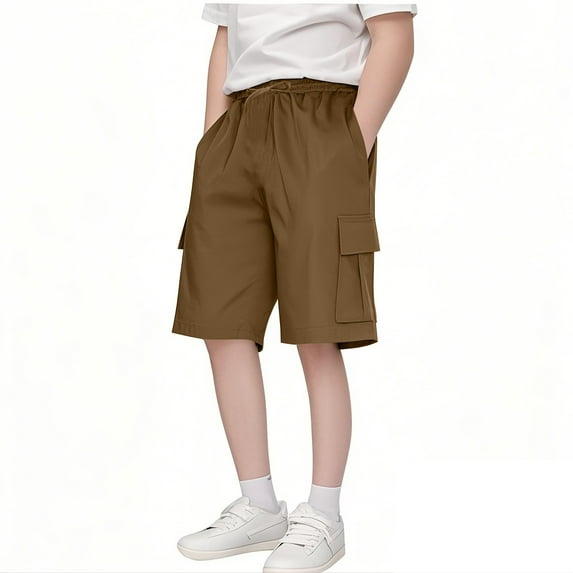 Povozer Youth Boys Hiking Cargo Shorts Boys' Pull-on Cargo Shorts Drawstring Closure Lightweight Athletic Running Workout Shorts for 13-14 Years,Brown