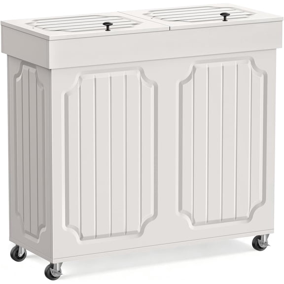 Povrgive Double Kitchen Trash Can Cabinet, 2 × 13 Gallon Dog Proof Wood Garbage Can with Flip Out Lid, Farmhouse Hidden Trash Recycling Bin with Wheels for Indoor, White
