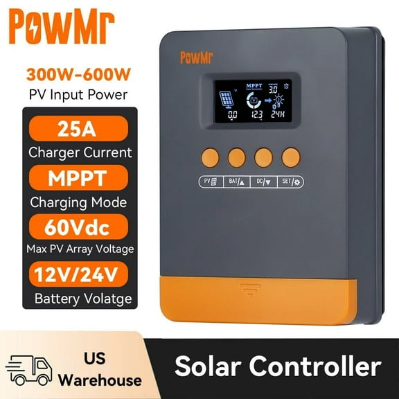 PowMr 25A MPPT Solar Charge Controller, 12V/24V VDC Input, LCD Display Solar Charge Controller Regulator For Flooded Lead-acid Vented Sealed Gel NiCd Lithium Battery