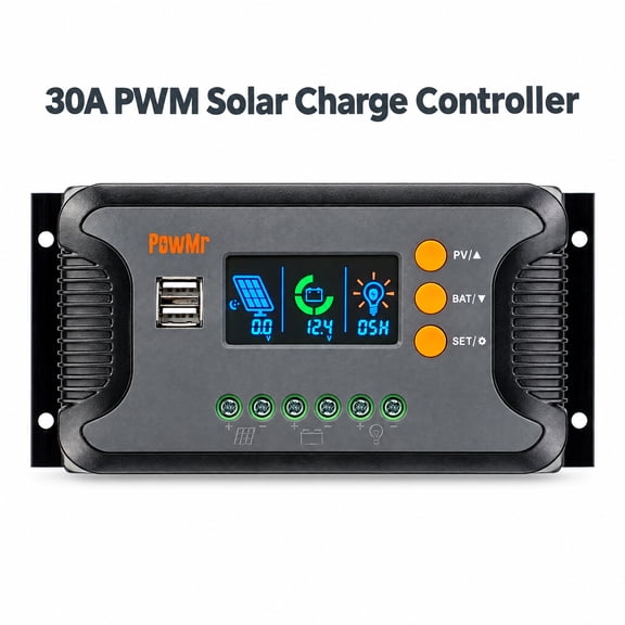 PowMr 30A PWM Solar Charge Controller 12V 24V 36V 48V Auto LCD Display Dual USB Output for Lead Acid Lithium Batteries