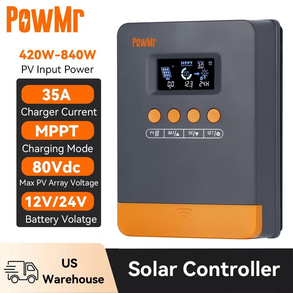 PowMr 35A MPPT Solar Charge Controller, 12V/24V VDC Input, LCD Display Solar Charge Controller Regulator For Flooded Lead-acid Vented Sealed Gel NiCd Lithium Battery