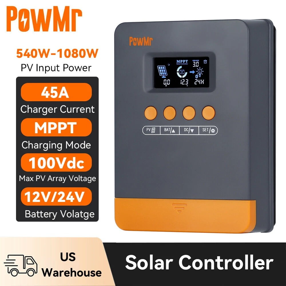 PowMr 45A MPPT Solar Charge Controller, 12V/24V VDC Input, LCD Display ...