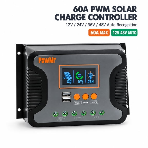 PowMr 60A PWM Solar Charge Controller 12V 24V 36V 48V Auto LCD Display Dual USB Output for Lead Acid Lithium Batteries