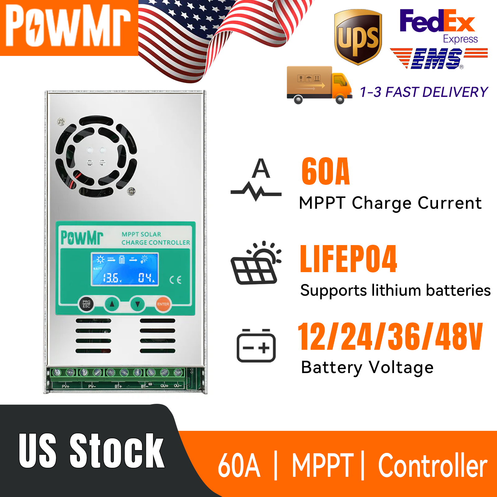 PowMr 60A MPPT Solar Charge Controller 48/36/24/12V lead acid lithium Battery RV