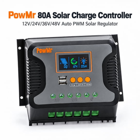 PowMr Pstar 80A PWM Solar Charge Controller 12V 24V 36V 48V Auto LCD Display Dual USB Output for Lead Acid Lithium Batteries