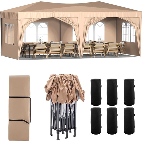 Powanli 10'x20' EZ Pop Up Canopy Outdoor Portable Party Folding Tent with 6 Removable Sidewalls + Carry Bag + 6pcs Weight Bag Beige