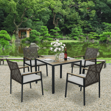 5-Piece Patio Dining Table Sets,Patio Conversation Set Acacia Wood Table Top with Umbrella Hole, Rattan Outdoor Coffee Brown