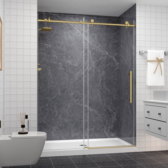 KPUY 55" - 60" x 76" Frameless Sliding Shower Door With 1/4'' Clear Tempered Glass 6mm, Explosion-Proof Film Nano Coating, Stainless Steel Hardware, Brushed Gold