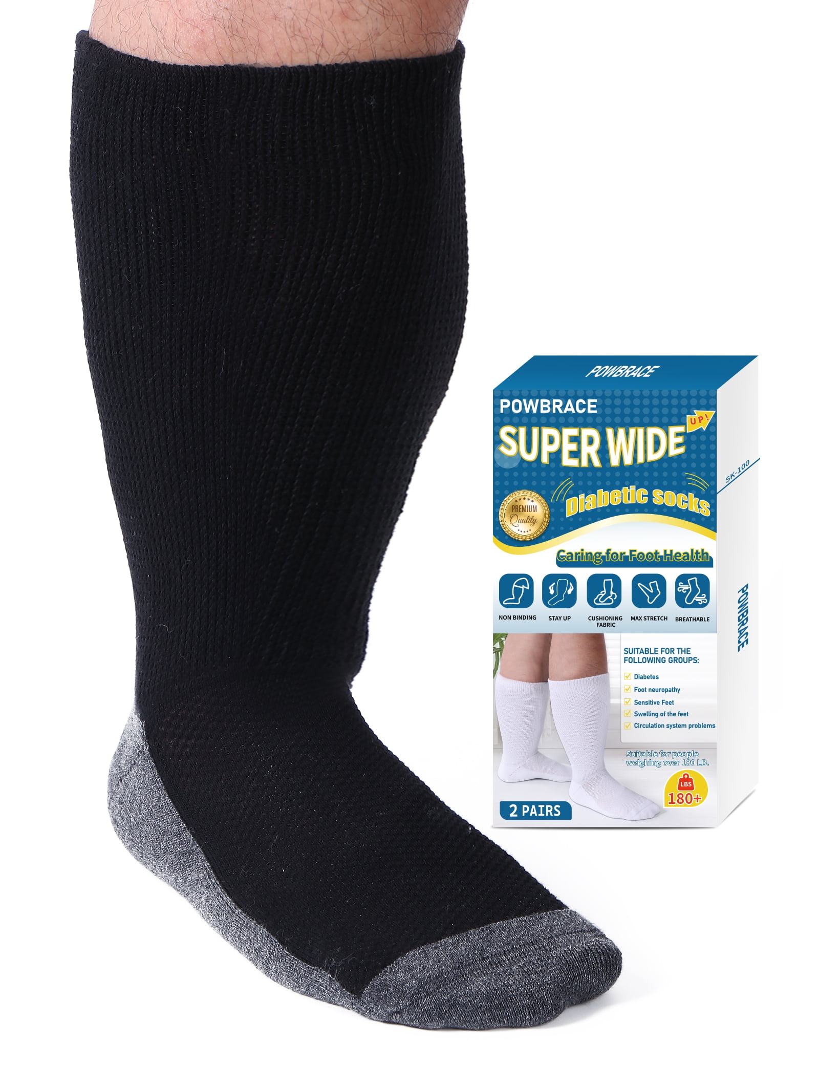 Powbrace 2 Pairs Super wide Diabetic socks for Men,Non Slip Socks, Hospital socks,Neuropathy