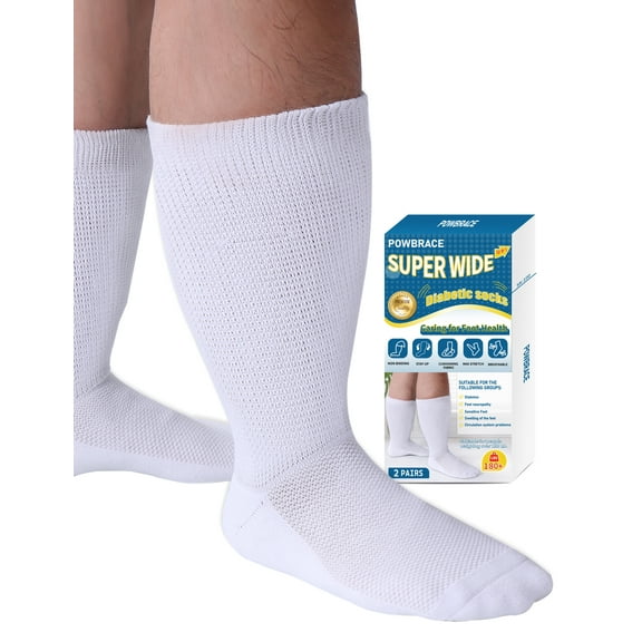 Powbrace 2 Pairs Super wide Diabetic socks for Men,Non Slip Socks, Hospital socks,Neuropathy Lymphedema Socks for women(White)