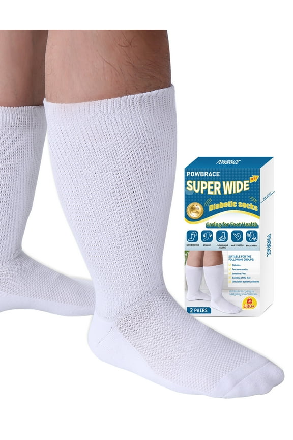 2 Pairs Super wide Diabetic socks for Men,Non Slip Socks, Hospital socks,Neuropathy Lymphedema Socks for women(White)