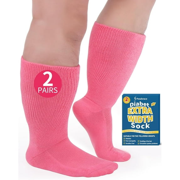 Powbrace 2 Pairs Wide Diabetic Socks for Swollen Feet, Lymphedema Socks,Wide Calf Socks,Loose Fit Socks,Non-Binding Socks,Edema Socks,Hospital Cast Socks,Bariatric Socks,Diabetic Socks for Men Women
