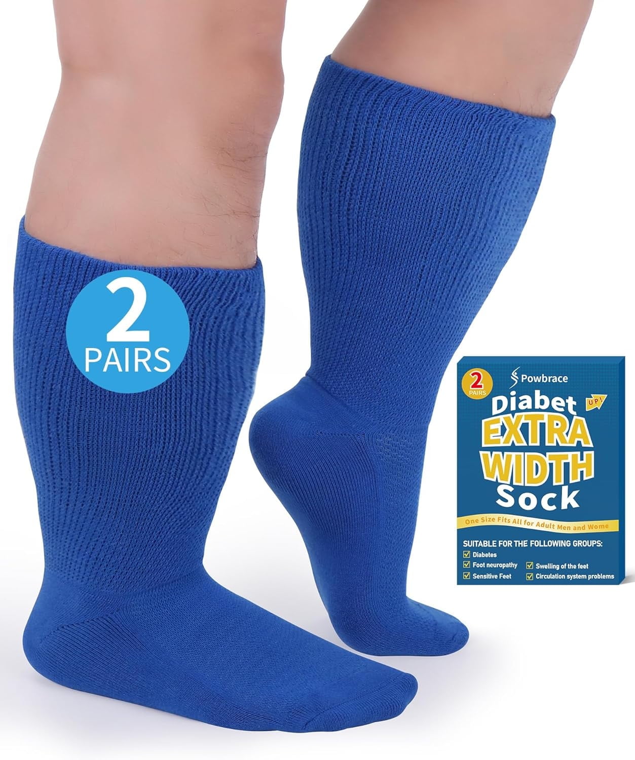 Powbrace 2 Pairs Wide Diabetic Socks for Swollen Feet, Lymphedema Socks