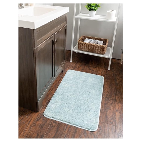 Powder Blue Bath Mat – 1'8 x 2'7 Shag Bathroom Rug, Machine Washable