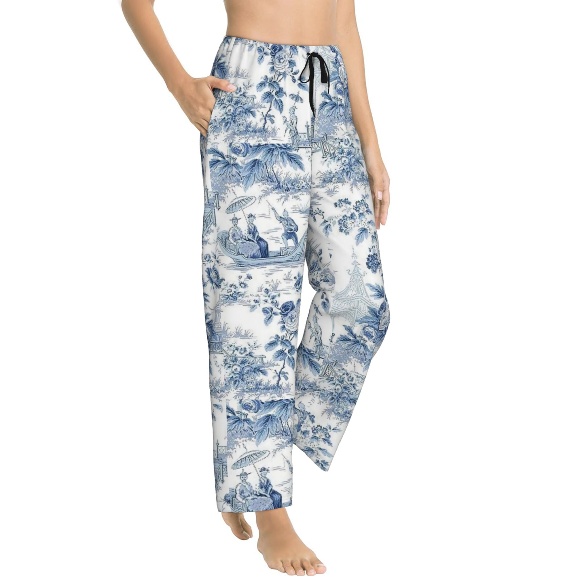 Powder Blue Chinoiserie Toile Women S Elastic Waistband Drawstring Tie Pajama Pants Wide Leg Casual Lounge Pants Yoga Pants Walmart