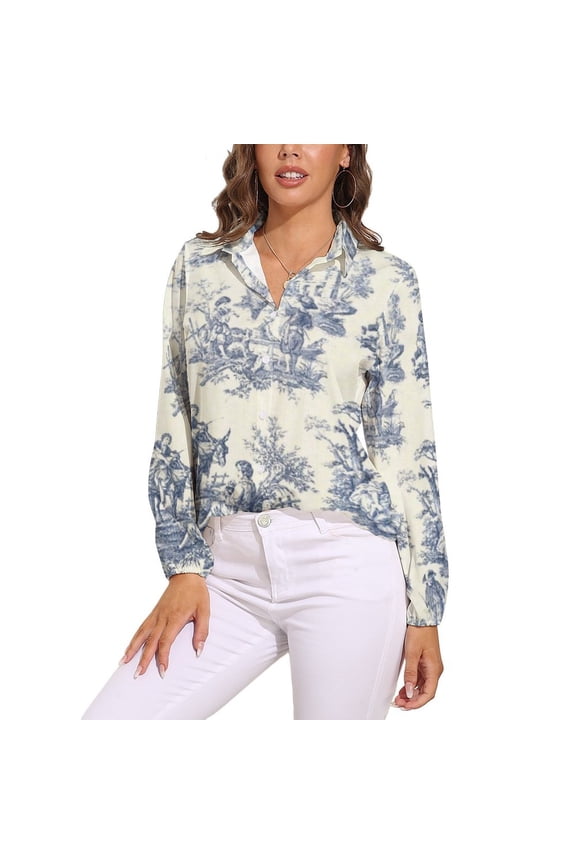 Powder Blue French Toile Picnic Designs Long Sleeve Blouse Woman Streetwear Casual Shirts Summer Oversize Woman Streetwear Clothing Birthday Present