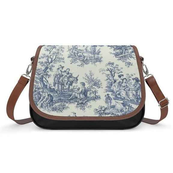Powder Blue French Toile Picnic Designs Vintage Crossbody Bag for Women Medium Leather Hobo Bags Shoulder Bag Classic City Leather Satchels