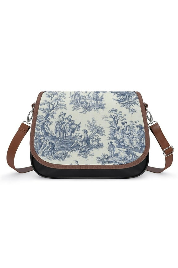 Powder Blue French Toile Picnic Designs Vintage Crossbody Bag for Women Medium Leather Hobo Bags Shoulder Bag Classic City Leather Satchels