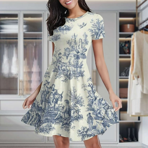 Powder Blue French Toile Picnic Designs Women's Classic Swing Skater Dress Casual Work Party Cocktail Dresses