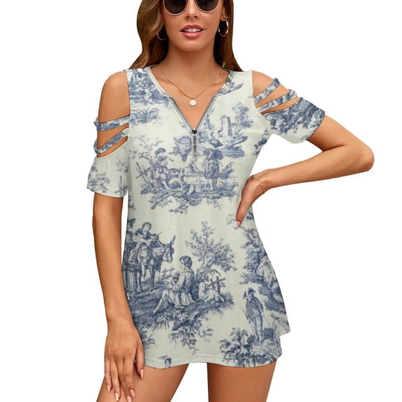 Powder Blue French Toile Picnic Designs Womens Summer V Neck Zipper Top Short Sleeve T Shirt Off Shoulder Top Casual Classy Loose Shirts