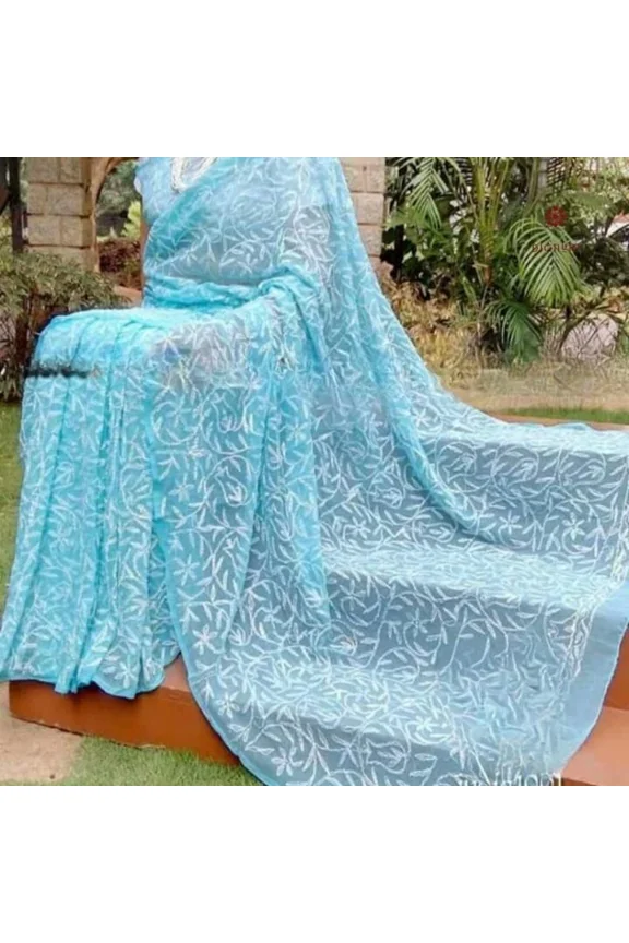 Powder Blue Hand Embroidered Chikankari Saree