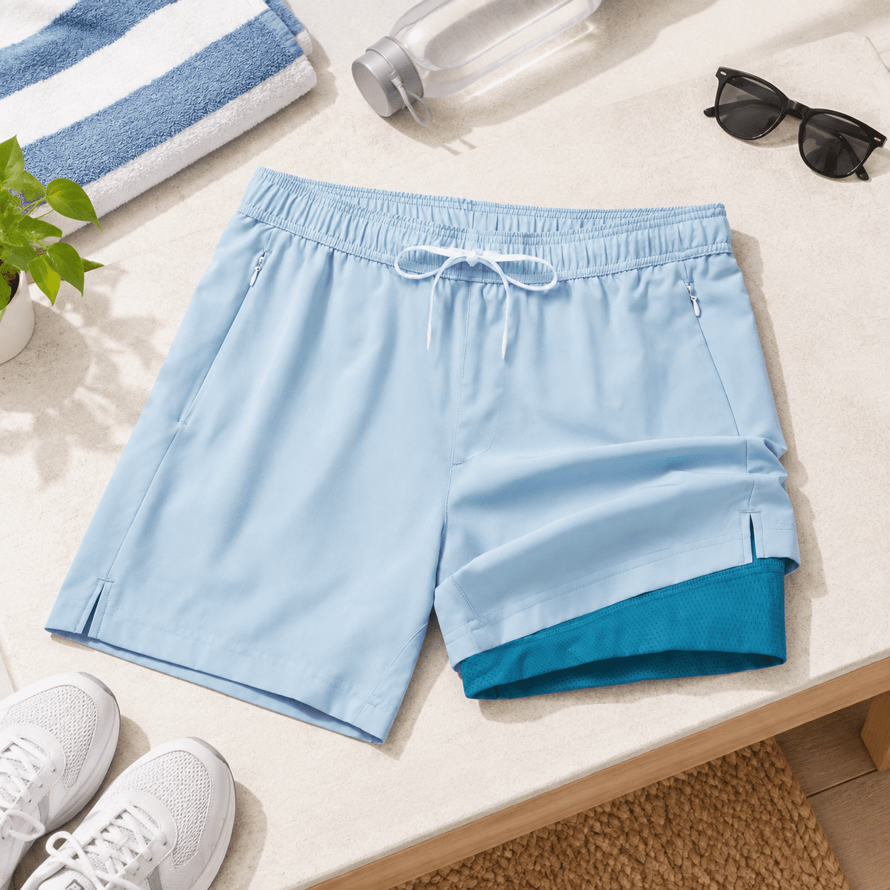 Powder Blue Medium Mens 5 Inch Mid-Thigh Swim Trunks with Breathable ...