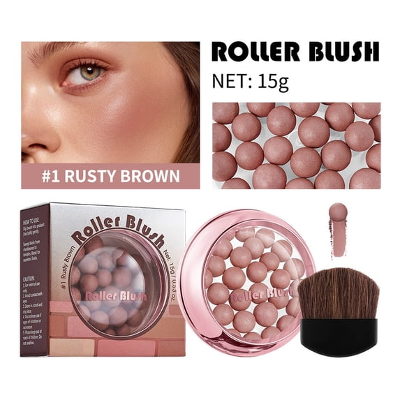 Powder Blush Ball Rusty Brown Shade, Spherical Blush Applicator, Delicate Pearl Finish, Multi-Use Makeup Ball for Cheeks and Eyes, Buildable Color, Includes Blush Brush, Portable