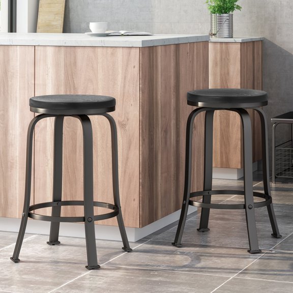 Iron Frame Stool Set, Faux Wood Seating, 24.25-inch Height - Ideal for Breakfast Nook