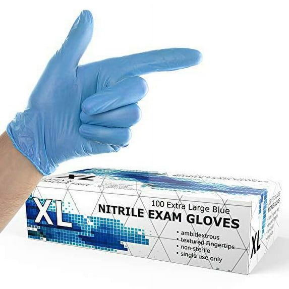 Powder Free Disposable Nitrile Gloves X Large - 100 Pack, Blue - Latex Free, Food Safe Gloves - Medical Exam Gloves, Cleaning Gloves - 3 Mil Thick Extra Stretch