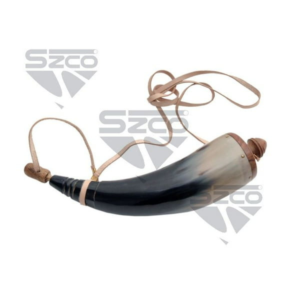 SZCO 10 Inch Traditional Powder Horn with Leather Sling Classic Storage Accessory for Historical Display & Reenactment