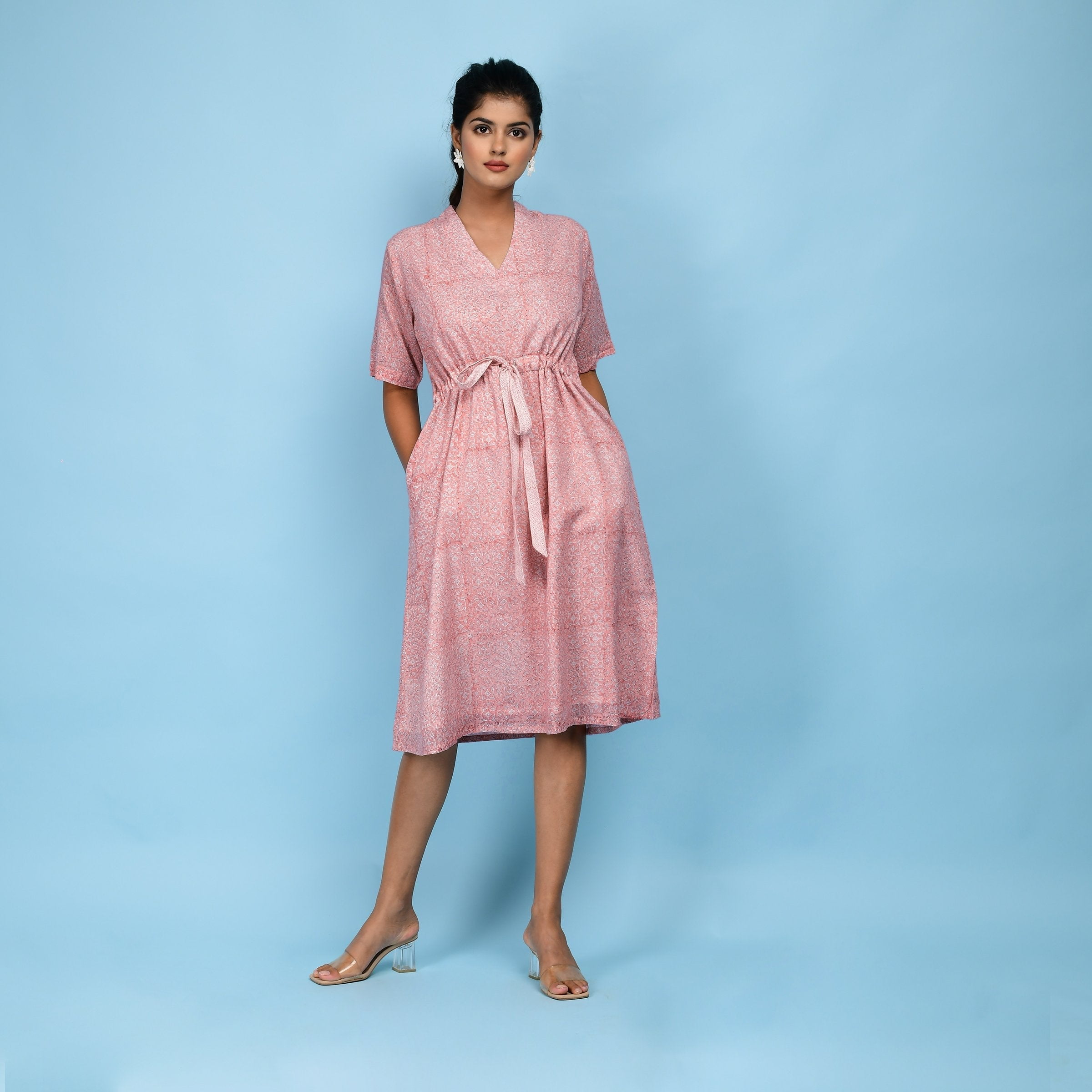 Vivo Knee Length Kaftan in Satin - Maroon / Off White Print main image 1