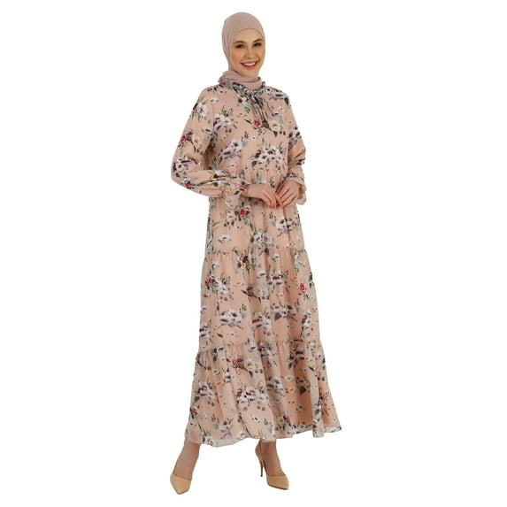 Powder Pink - Floral - Crew neck - Fully Lined - Modest Dress - Refka