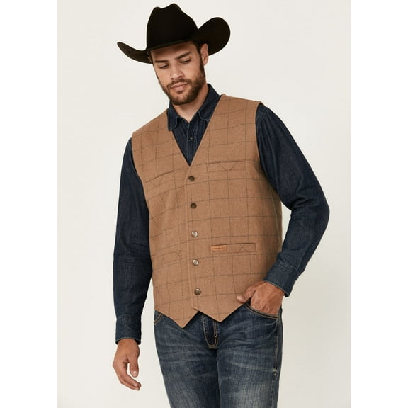 Powder River Outfitters Men's Plaid Print Wool Vest Tan X- US