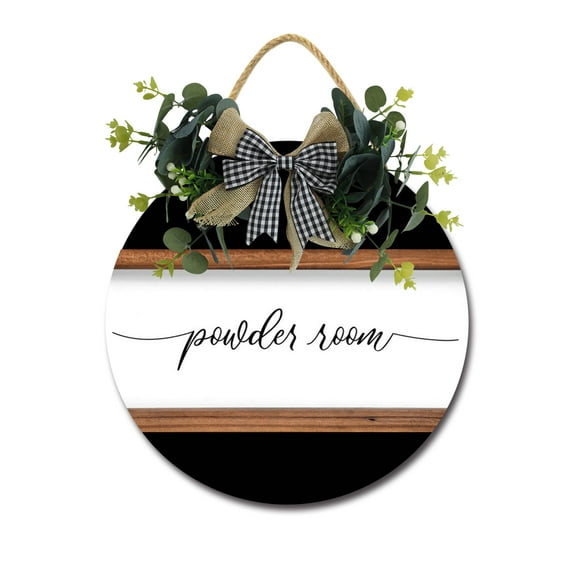 Powder Room Sign Front Door Porch Decorations, Round Rustic Wood Hanging Sign for Farmhouse Porch Outdoor Home Holiday Front Door Sign Decor