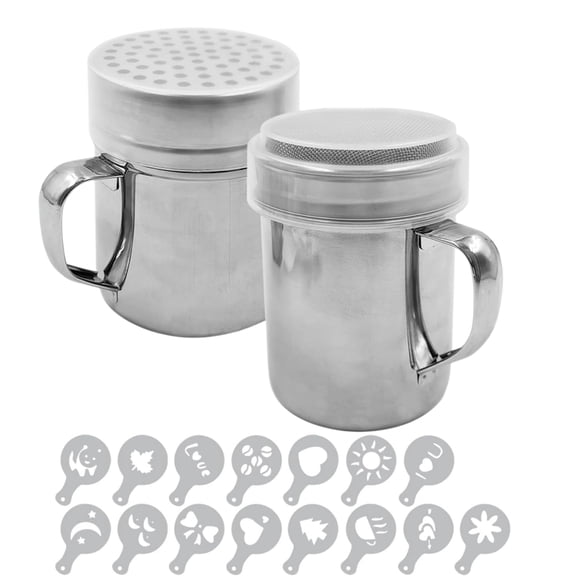 Powder Shaker Set Stainless Steel Sugar Cinnamon Dispenser with 16 Decorative Stencils for Cake Latte Oatmeal