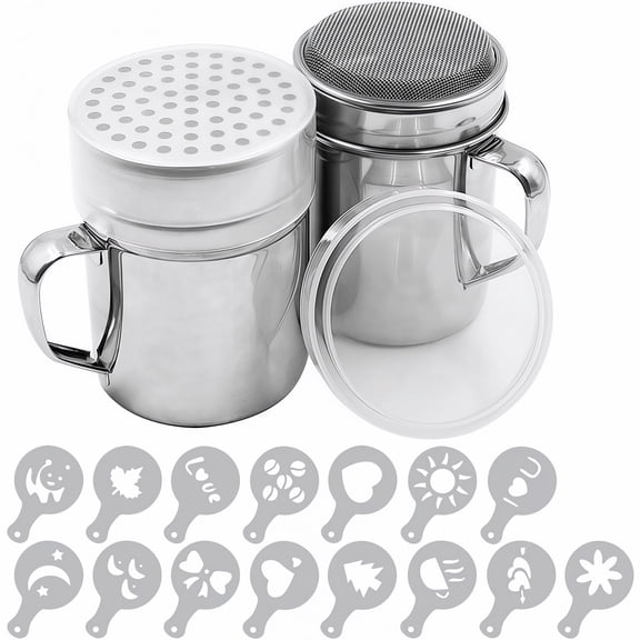 Powder Sugar Shaker Duster Set with 16 Stencils Fine & Large Mesh Stainless Steel for Cinnamon Coffee Bar