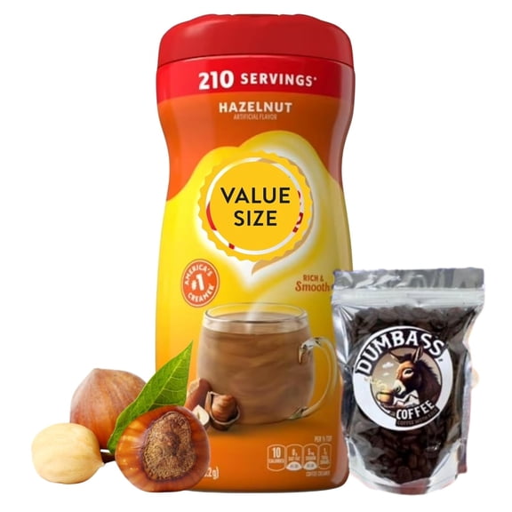 Powdered Coffee Creamer Hazelnut Flavored Single Pack , 15 oz with Dumbass Coffee Whole CoffeeBean Medium/Dark 1 oz (Hazelnut) Coffee