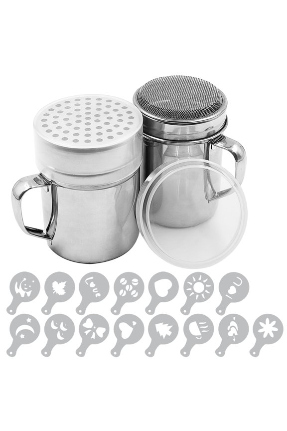 Powdered Sugar Shaker Duster with Handle, SENHAI 2pcs Stainless Steel Powder Shakers for Sugar Pepper Cinnamon Powder Flour with Printing Molds Stencils - Fine & Large Mesh