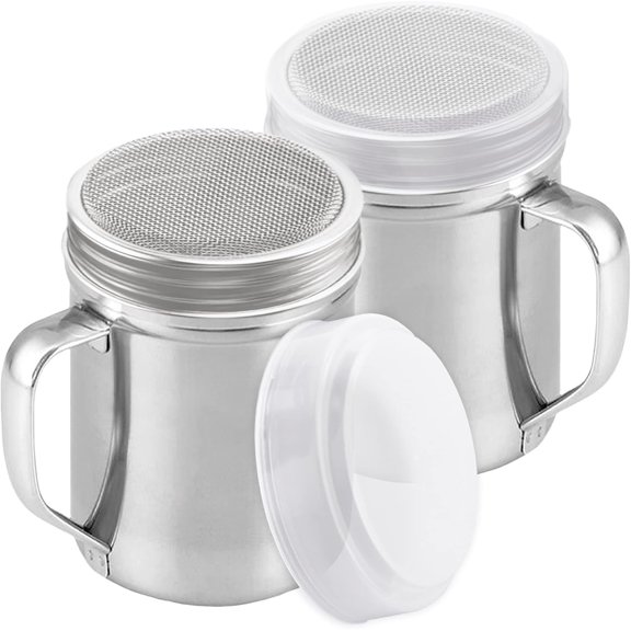 Powdered Sugar Shaker with Handle, Cinnamon Dredger, Fine Mesh Shaker for Coffee Bar, 6 oz, 2-Pack, Fine Style