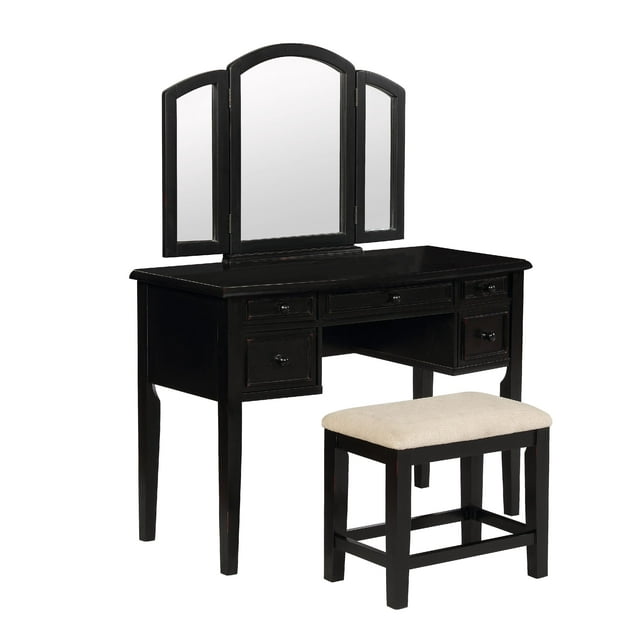 Powell 3Piece Vanity, Mirror and Bench Set, Antique Black