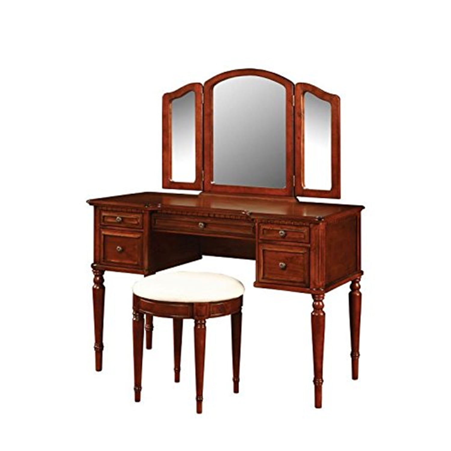 Powell 3-Piece Wood Furniture: Vanity, Drawers, Glass-Top Mirror, Bench